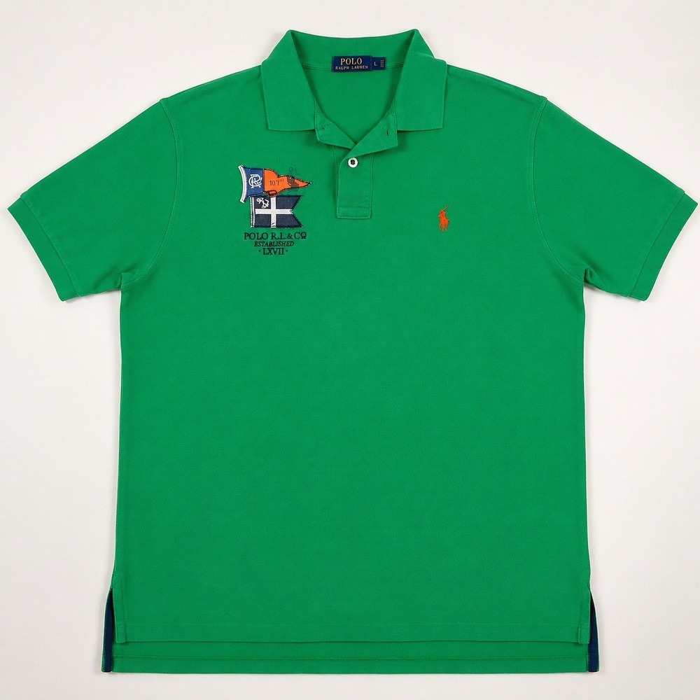 Polo Ralph Lauren Rugby Polo Shirt Mens L Green Nautical Flag Patch Y2K Cotto